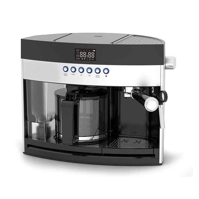Black and silver digital coffee and espresso combination machine with glass carafe and integrated milk steamer.