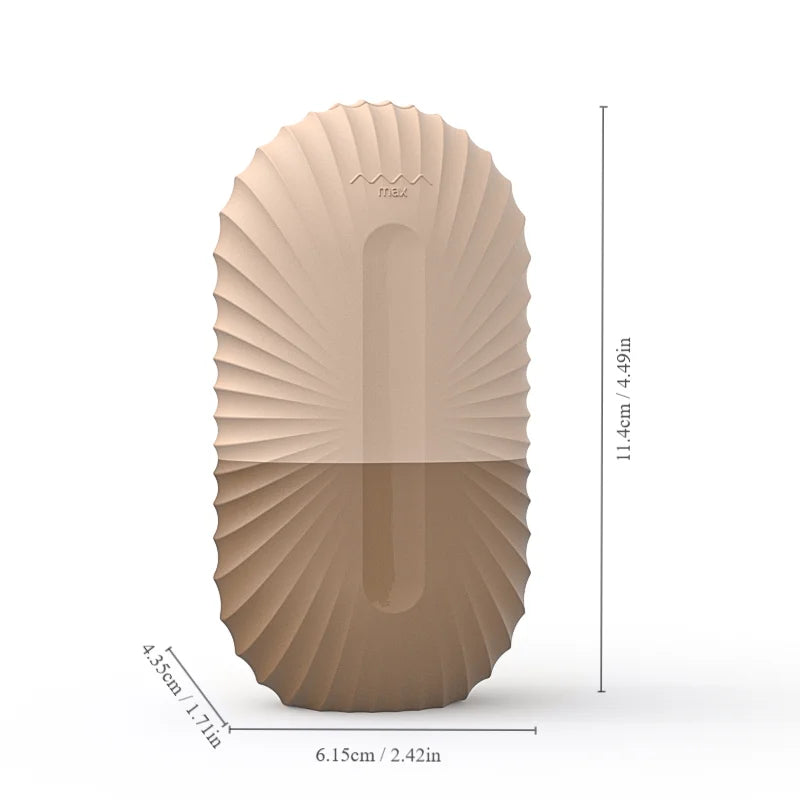 Beige, capsule-shaped silicone ice roller mold with radial ridges and height and width dimension markers.