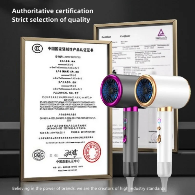 2400W high-speed ionic hair dryer in grey and white with sleek, modern design and professional certification documents.