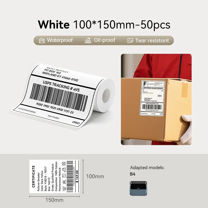 White 100x150mm label stickers roll, 50 pcs, waterproof oil-proof tear-resistant