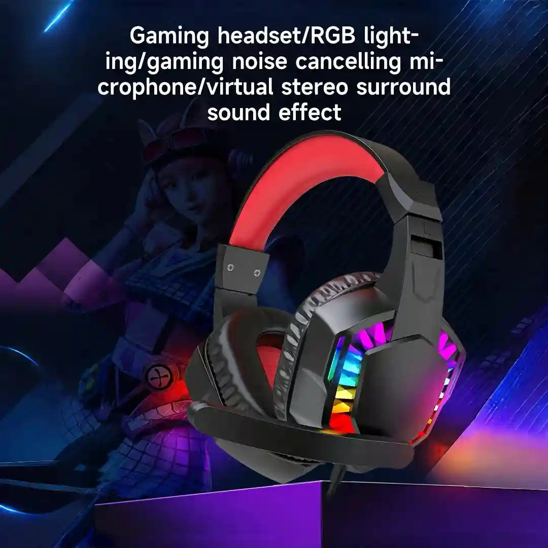 Wired Gaming Headset with RGB Lighting - Over-Ear Precision Audio Black and Red RGB Li Tidesmit