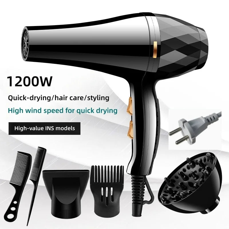 1200W black hair dryer with diffuser, styling nozzles, and combs for quick-drying, salon-quality hair care.