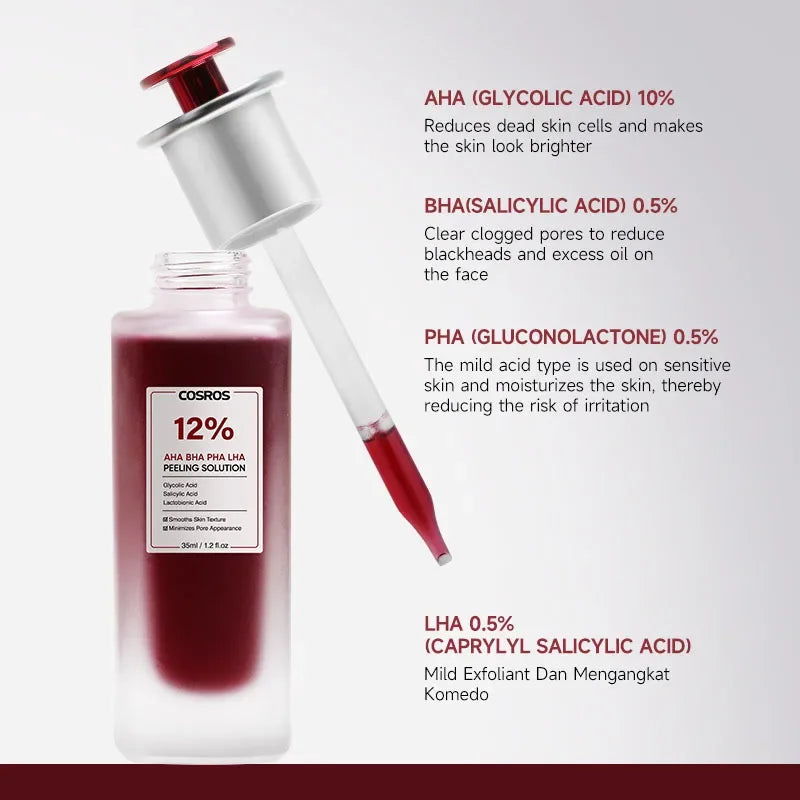 Glass bottle of deep red exfoliating serum with a glass dropper and product benefits listed on a neutral background.