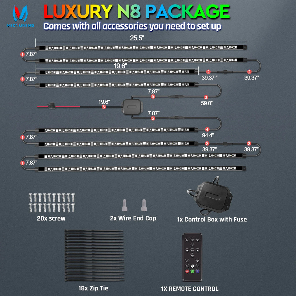N8 LED light strip kit with wiring, control box, remote, screws, and zip ties for automotive lighting installation.