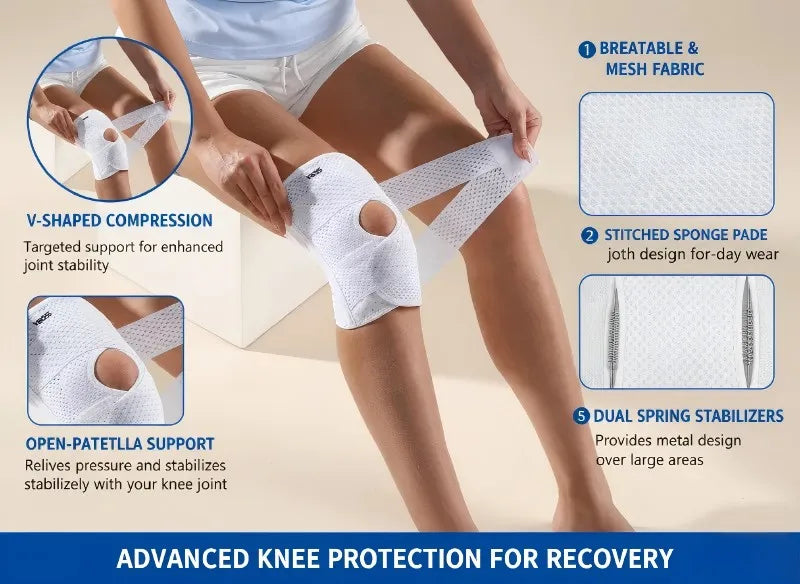 VBOSI Adjustable Breathable Knee Brace with Open Patella Compression Strap Sports Support for Running Gym Knee Pain Relief White
