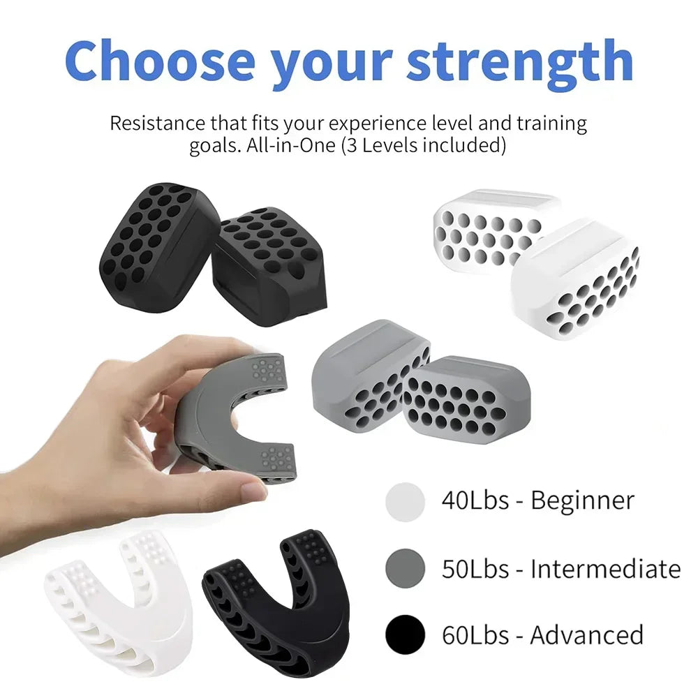 Set of black, grey, and white silicone jaw exercisers with various resistance levels for face and neck toning.