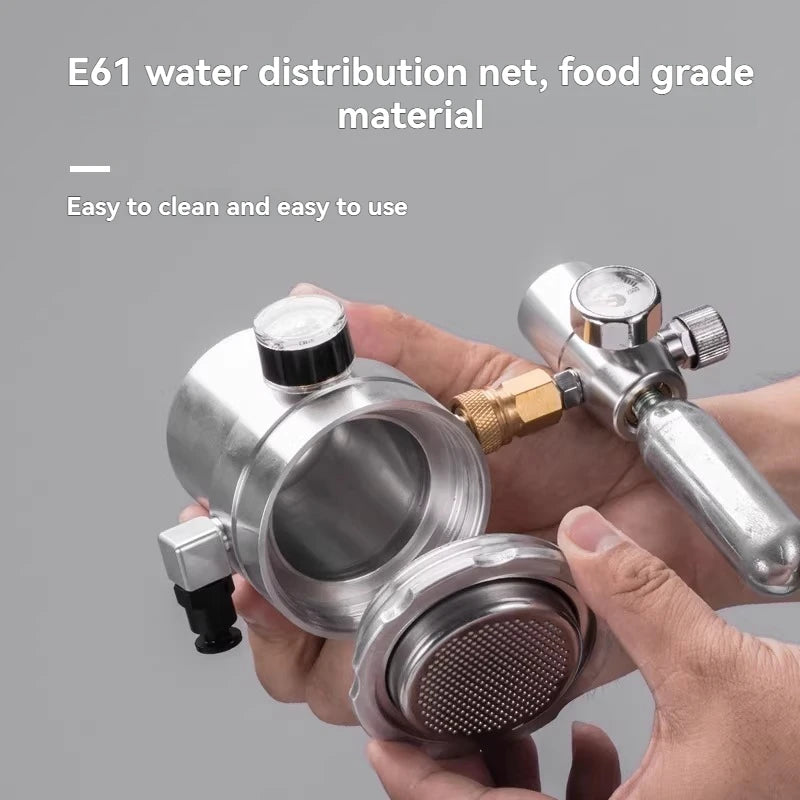 Handheld E61 espresso coffee maker with silver metal finish, pressure gauge, and food-grade water distribution net.