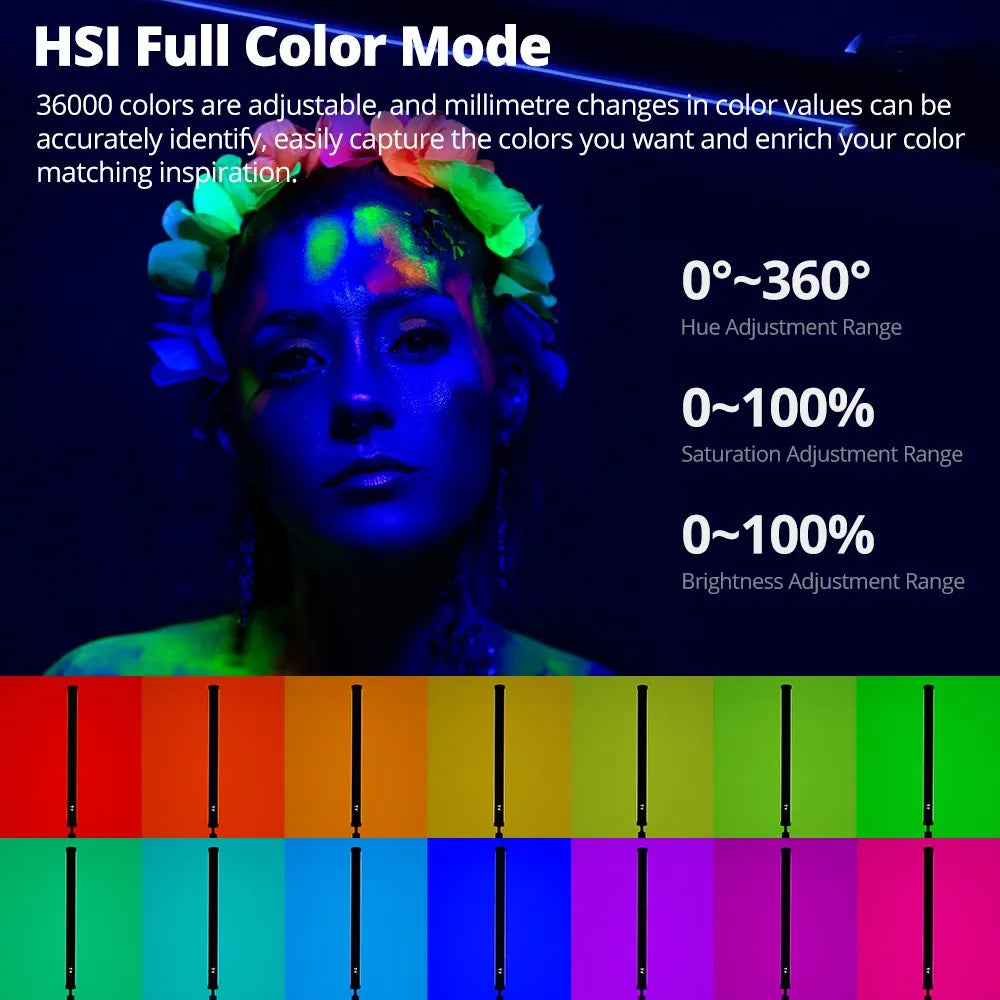 RGB LED light wand showing HSI full color mode with 36,000 adjustable colors for photography and creative lighting.