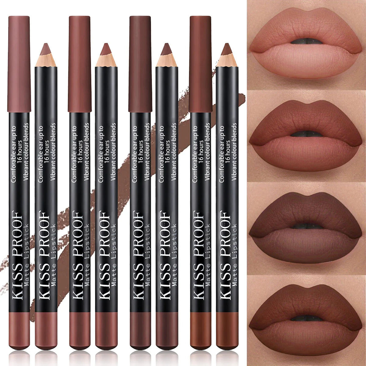 4-piece set of wood lipstick pencils in nude brown shades with a velvet matte, long-lasting, waterproof finish.