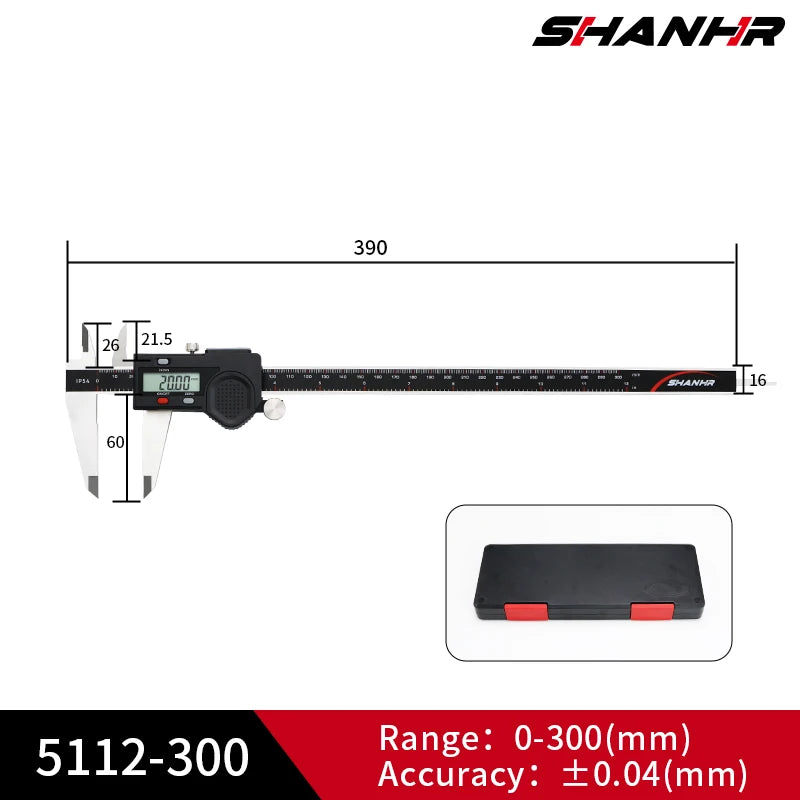 Digital vernier caliper with LCD; range 0-300 mm and display window diagram