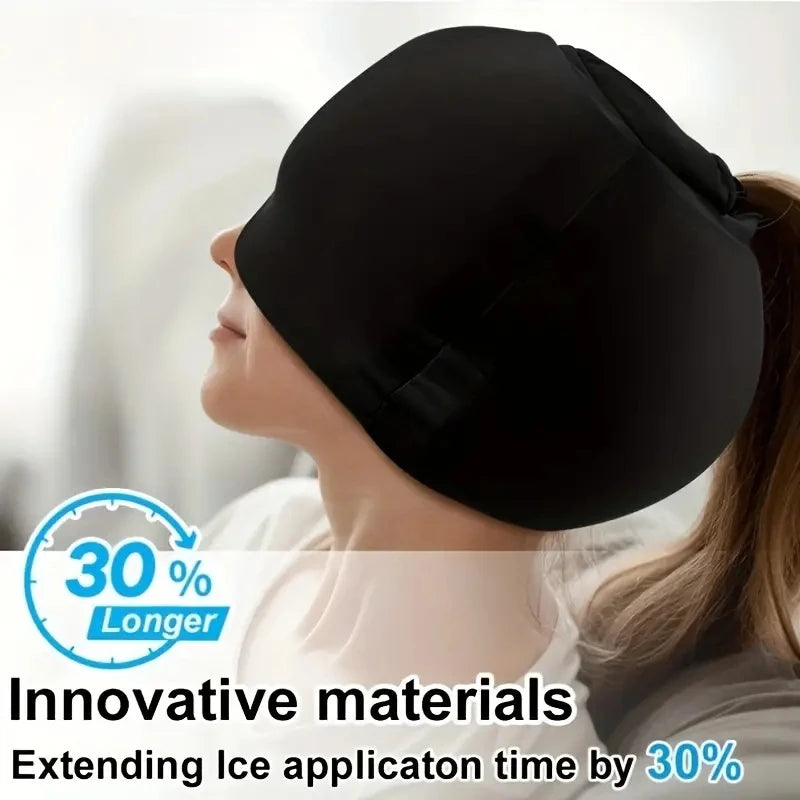 Black migraine ice cap hat for headache relief, featuring light-blocking design and extra top gel pack for cold therapy.