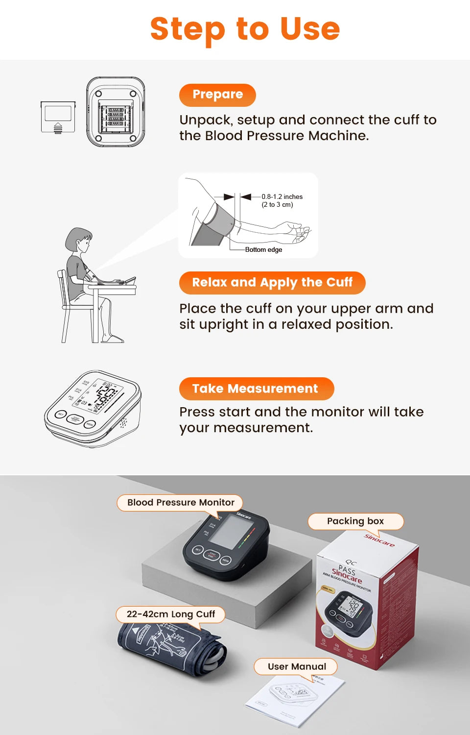Sinocare Blood Pressure Monitor Digital Upper Arm Blood Pressure Measuring Device 22-42 Long Cuff Home Professional BP Machine