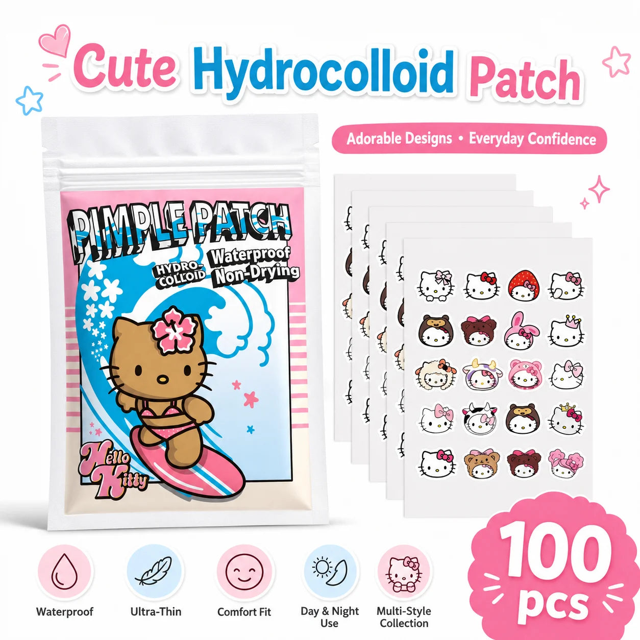 100PCS hello kitty Acne patches, facial acne patches, hydrogel acne removal patches, concealer