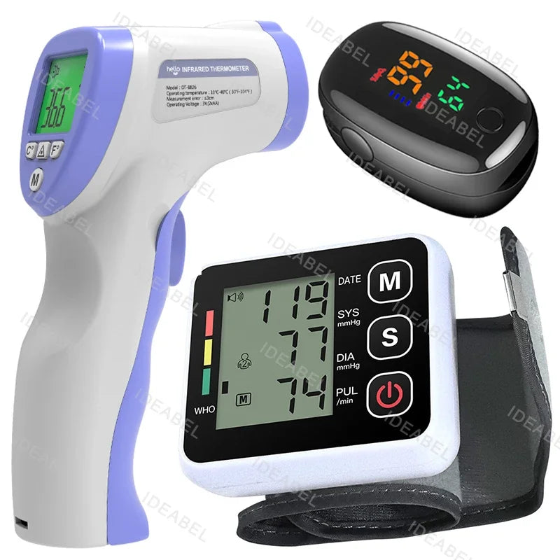 Digital Blood Pressure Monitor Wrist Tensiometer Electronic Sphygmomanometer Tonometer with LCD Forehead Digital Thermometer