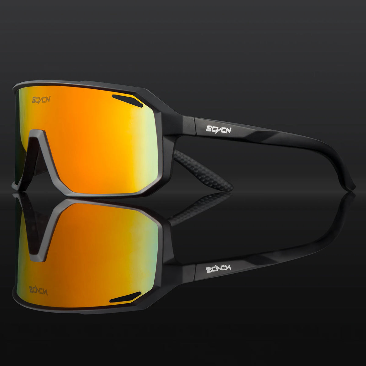 Cycling sunglasses with black frame and orange mirrored lenses