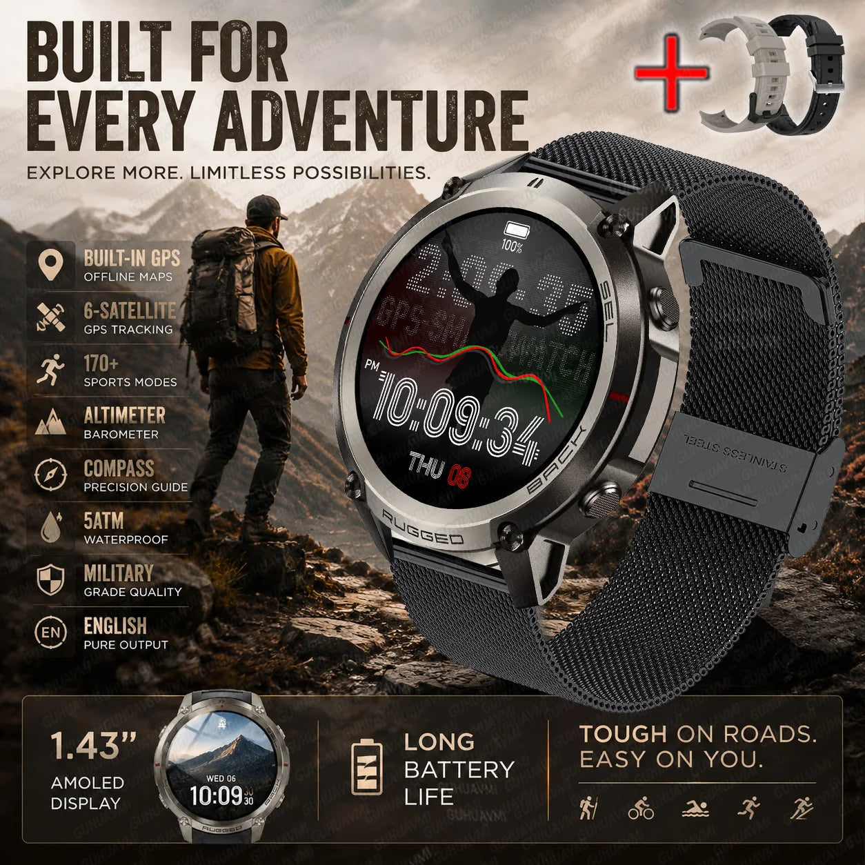 Sports smartwatch with round AMOLED display, silver case, and black mesh strap