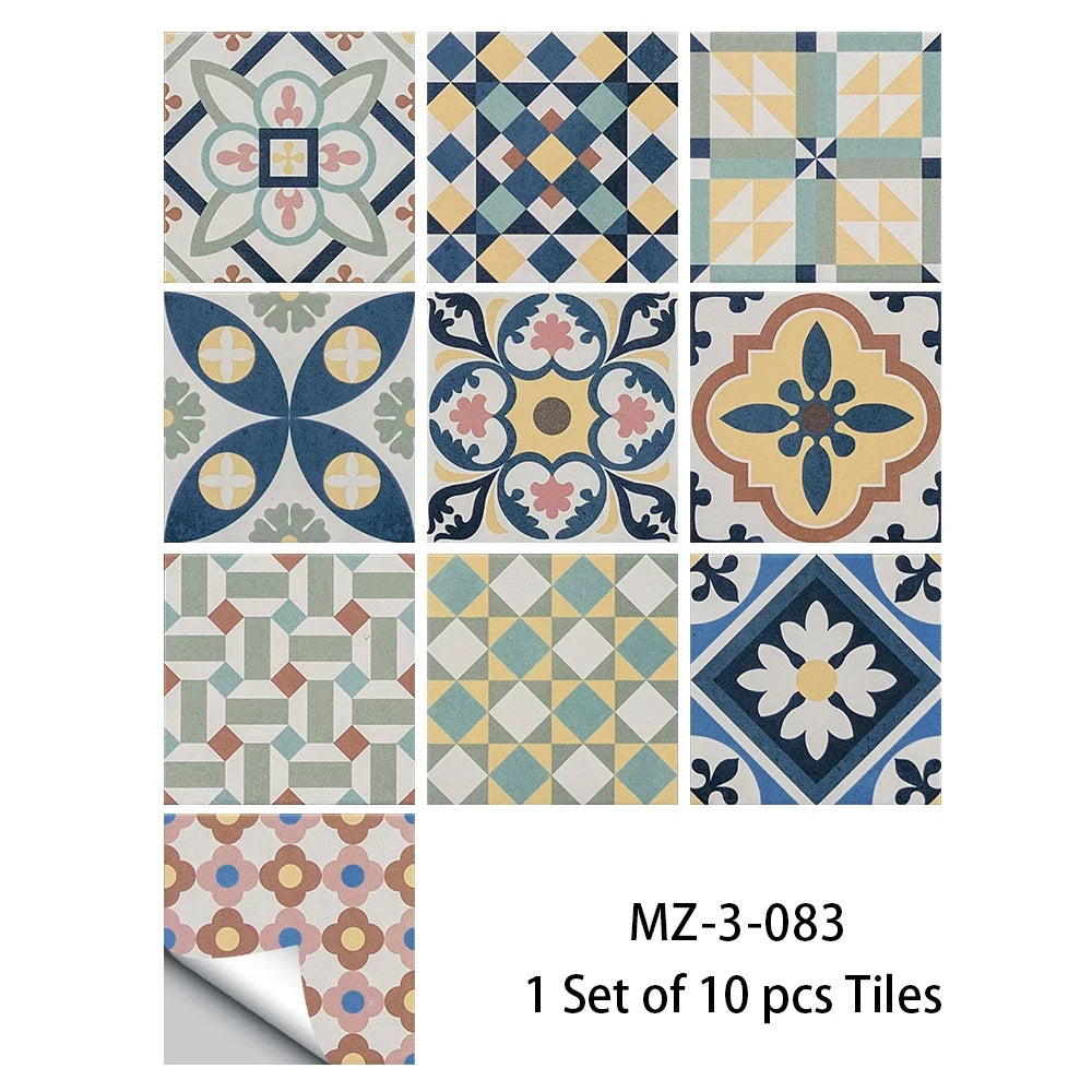 Multicolor geometric floor sticker tiles set with star and diamond patterns.