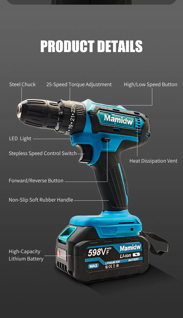 25Nm Cordless Drill, Electric Power Drill for Makita 18V, 3/8” Keyless Chuck, 2 Variable Speed, 25+3 Torque Positions for Precise DIY & Assembly