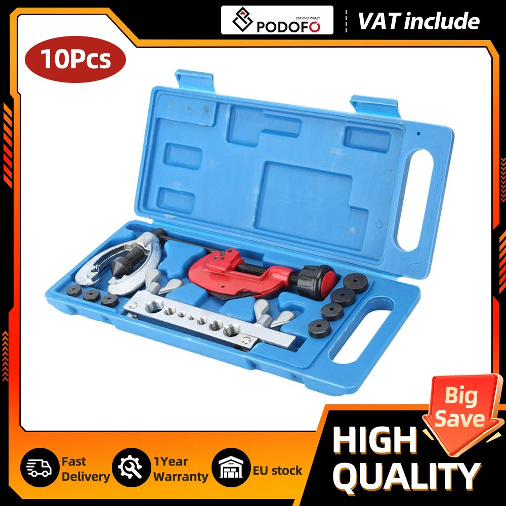 Podofo 10Pcs Copper Brake Line Repair Tool Kit Double Flaring Dies Clamp Tube Cutter Brake Fuel Pipe Tool Set with Box