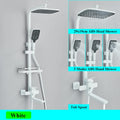 White Bathroom Shower Faucet Set Long Spout Rotation 3 Function Rainfall Headshower With Shelf Hot Cold Shower Mixer Tap System