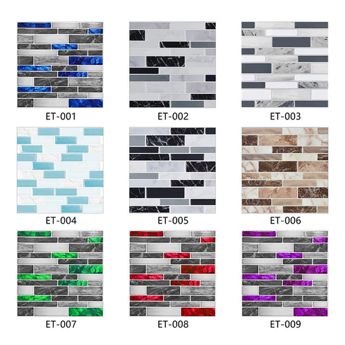 Marble brick tile sticker transfer samples labeled ET-001 to ET-009 in color rows