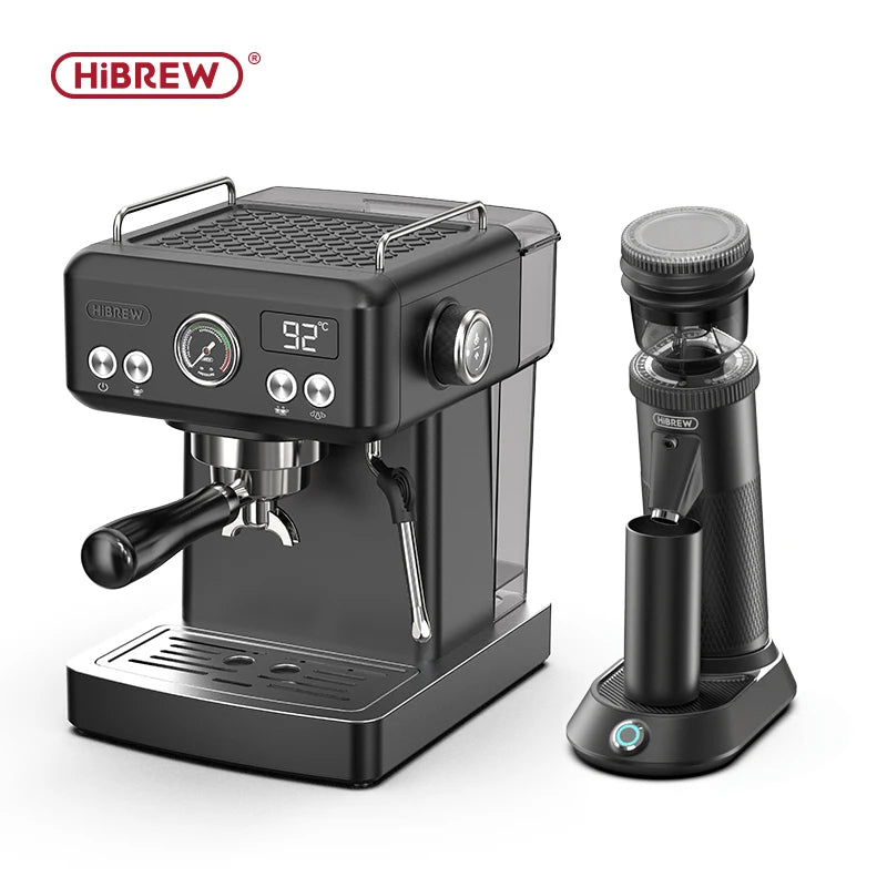 HiBREW black espresso machine and electric coffee grinder set with digital temp display, pressure gauge, and portafilter.