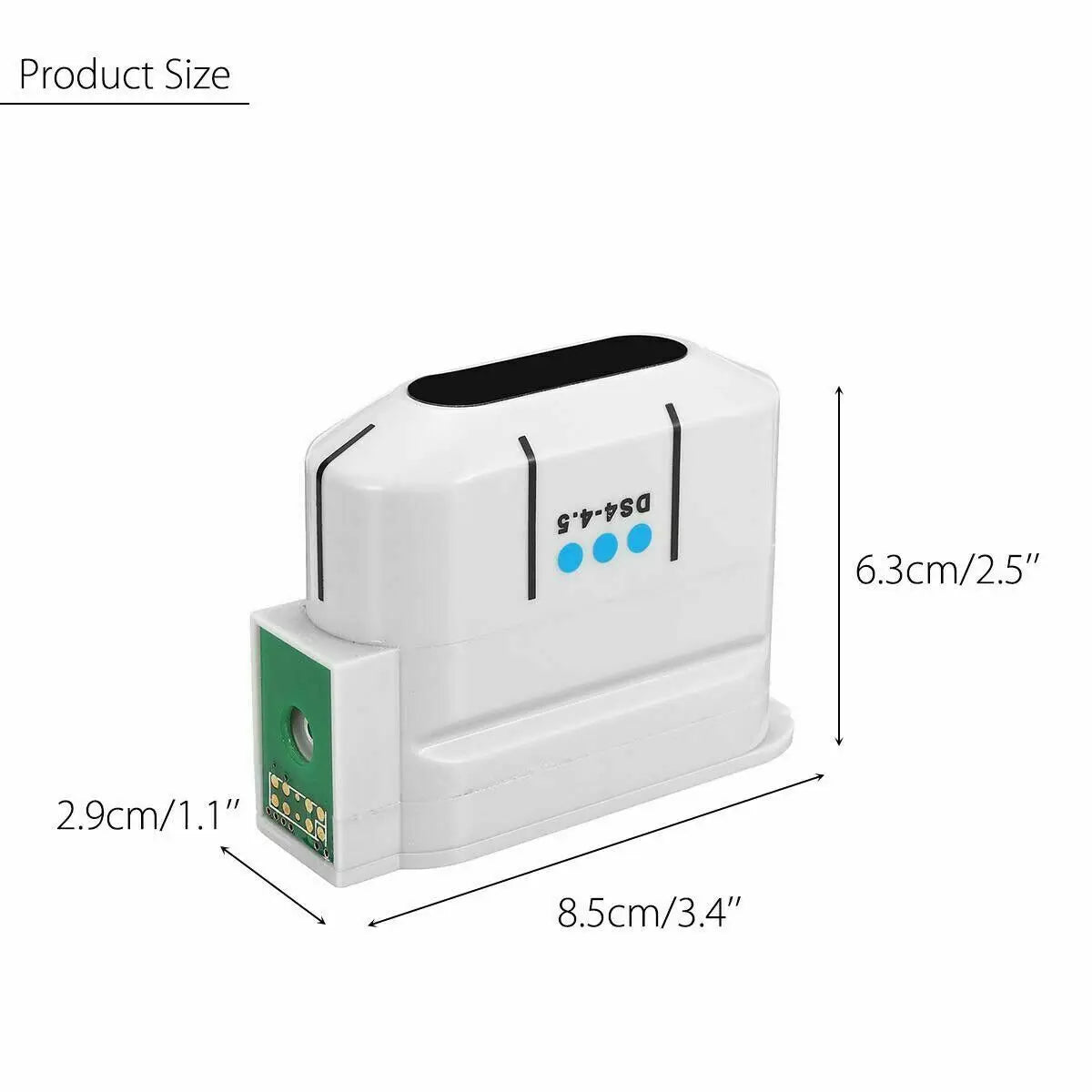 White HIFU machine replacement cartridge with dimensions indicated, featuring a green electrical connector side port.