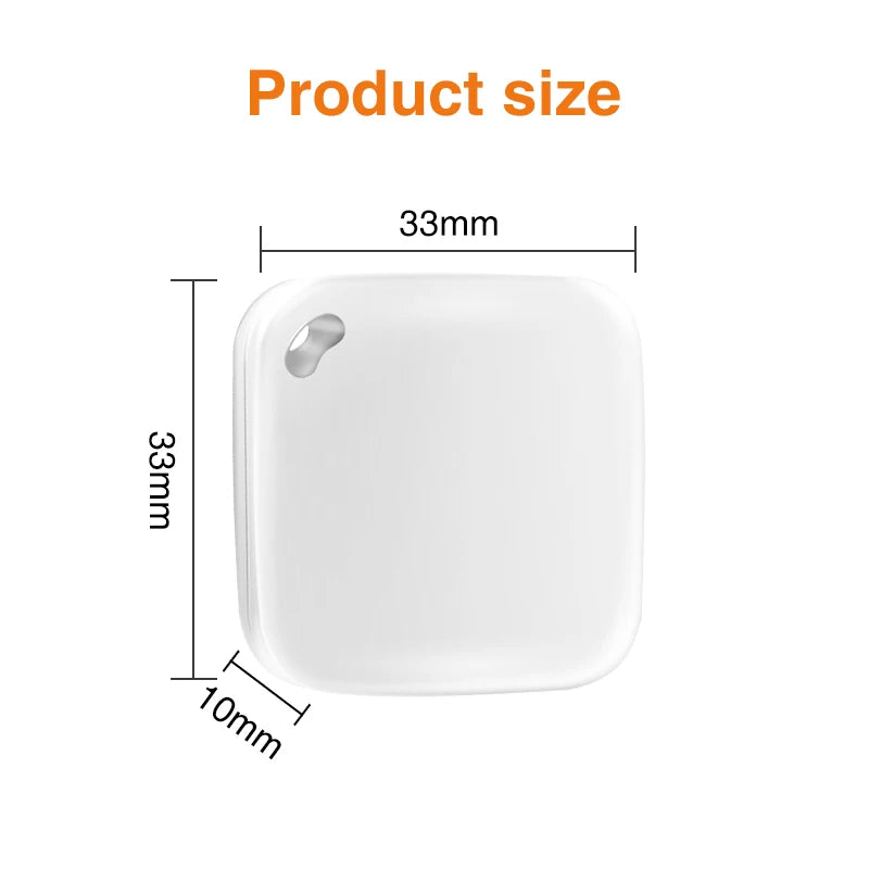 White 33mm square smart GPS pet tracker compatible with Apple Find My for accurate, real-time location tracking.