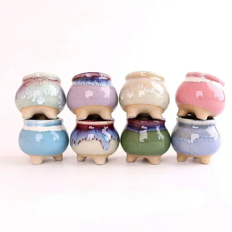 Mini ice-crack ceramic flowerpots, mixed pastel colors with drip glaze set of 7
