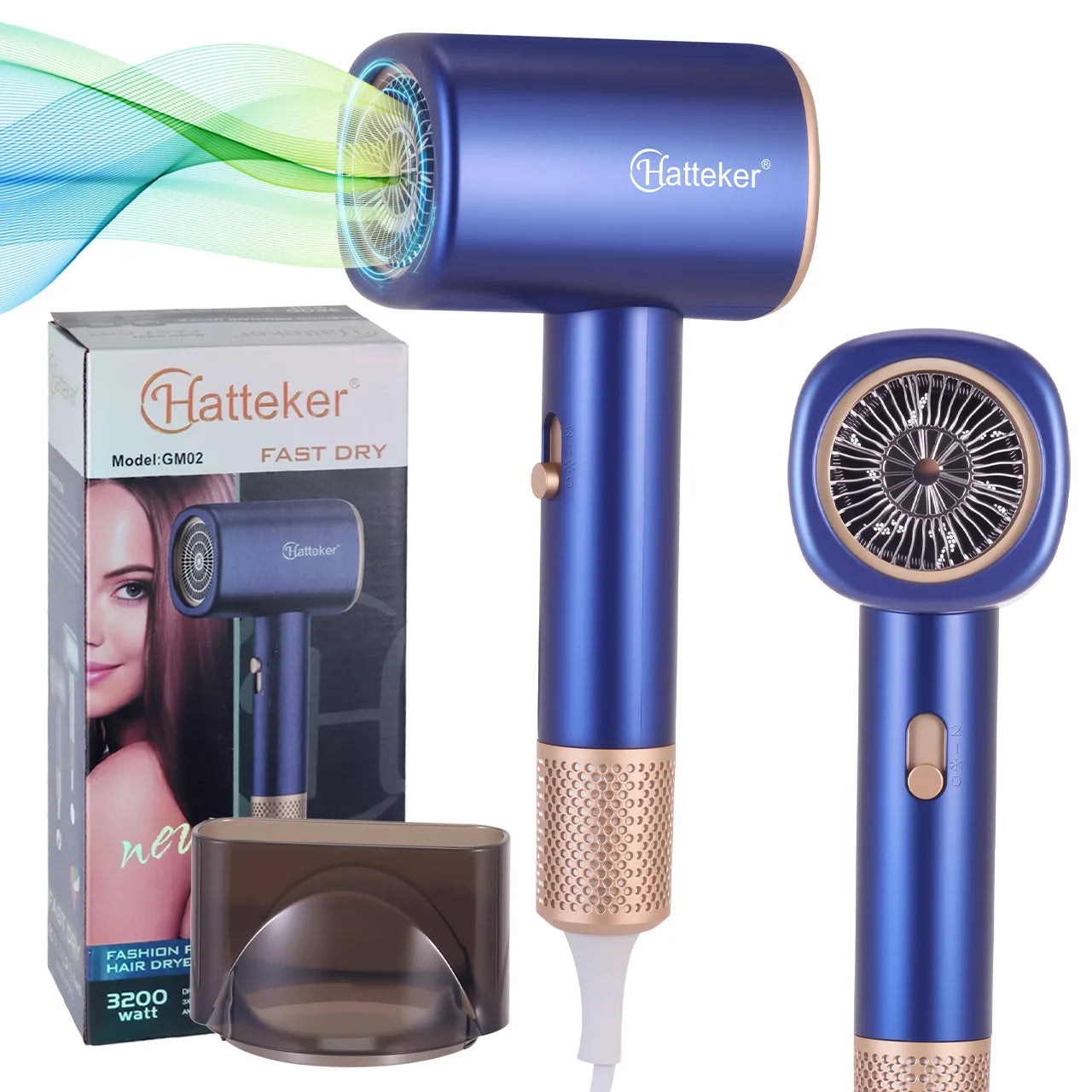 Hatteker blue & gold salon hair dryer with concentrator nozzle, 6-level professional fast-drying styling tool.