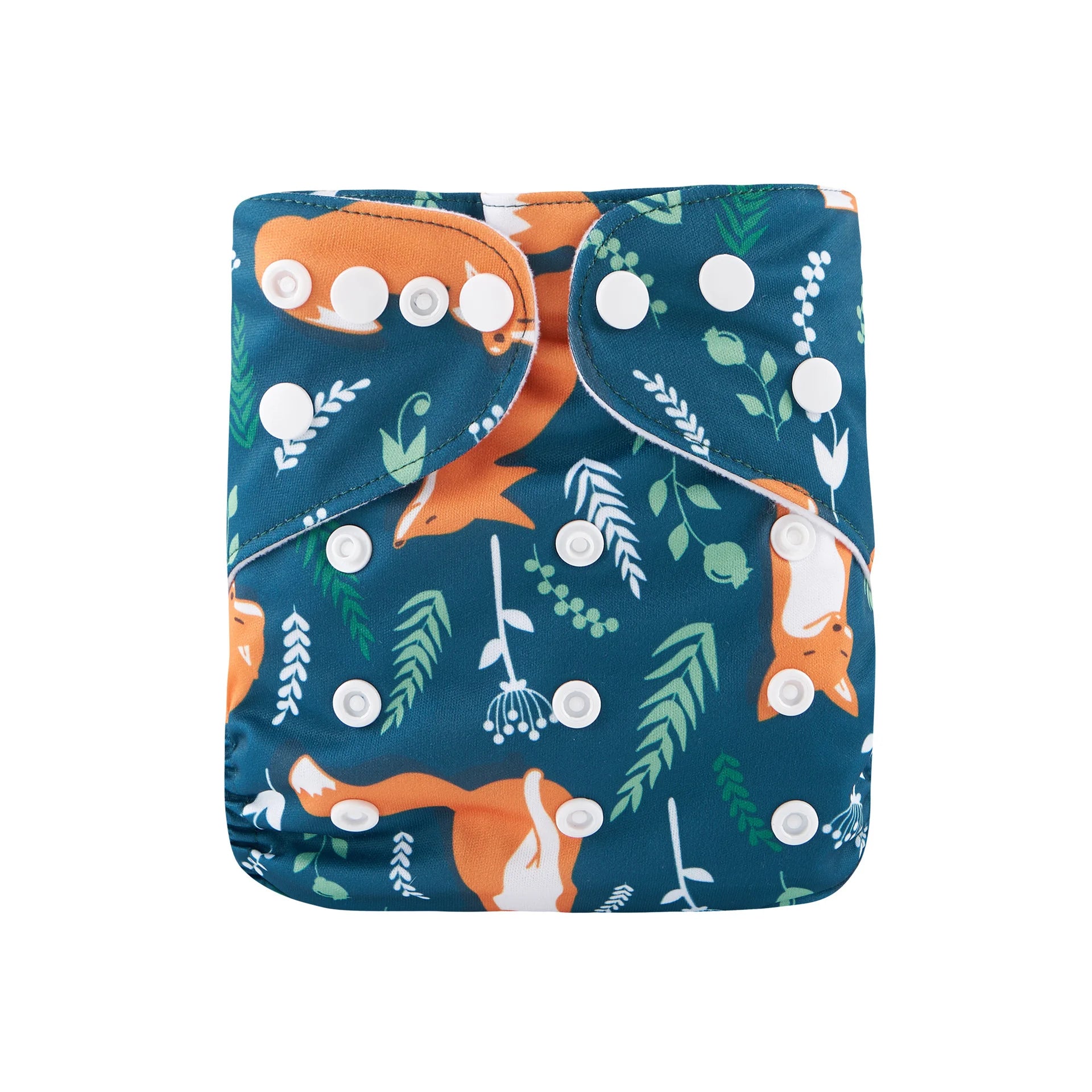 Reusable cloth baby diaper with adjustable snaps and cute orange fox forest print on dark teal fabric.