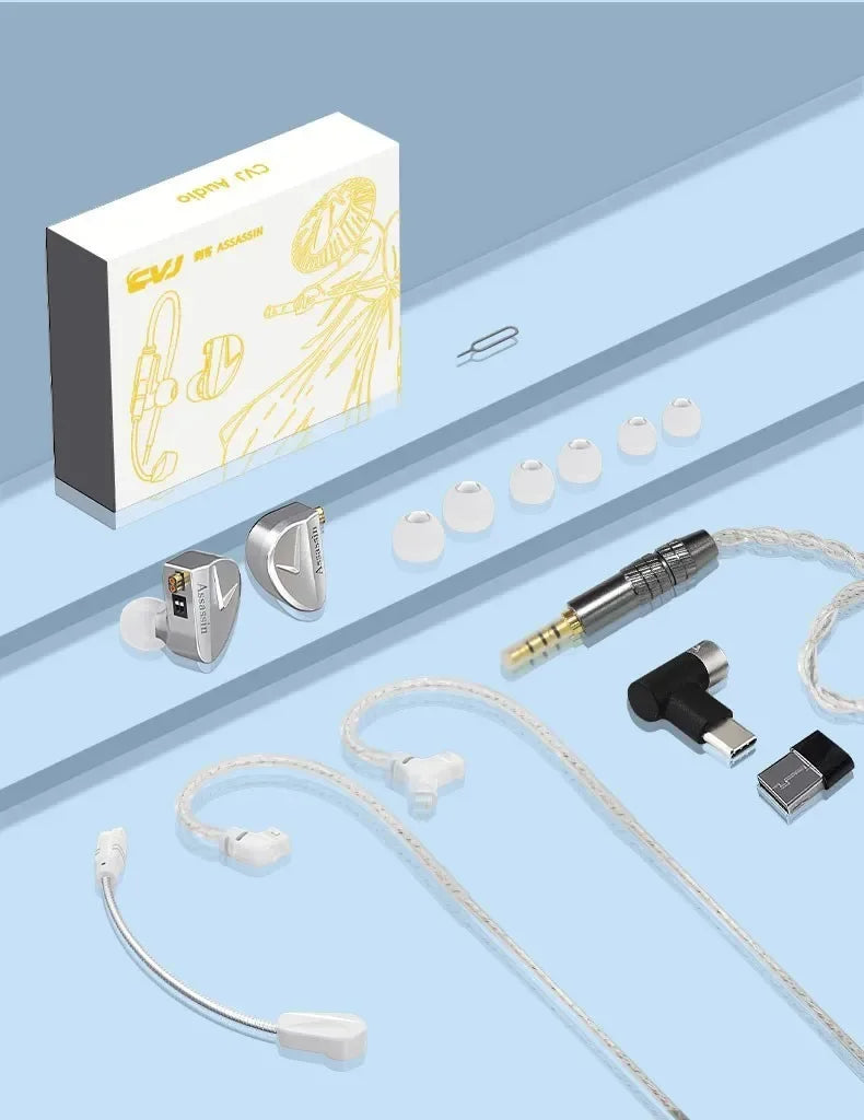 CVJ Assassin Silver in Ear Earphones 1BA+1DD+1Vibrate Game Mode HIFI Microphone Hybrid Tuning Switch Wired Earbuds IEM Headphone Tidesmit