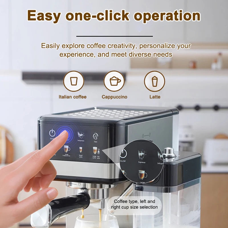 Black and stainless steel espresso machine with touchscreen interface for cappuccino, latte, and Italian coffee.
