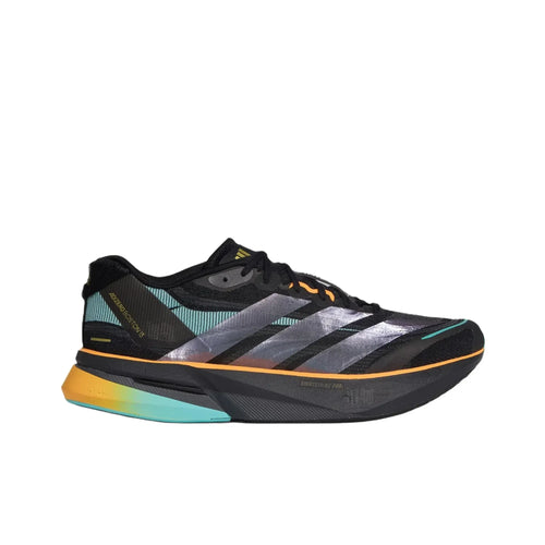 Adidas Adizero Boston 13 running sneakers in black with metallic silver stripes, teal accents, and chunky midsole.