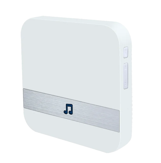 White wireless doorbell chime receiver with music icon and side buttons