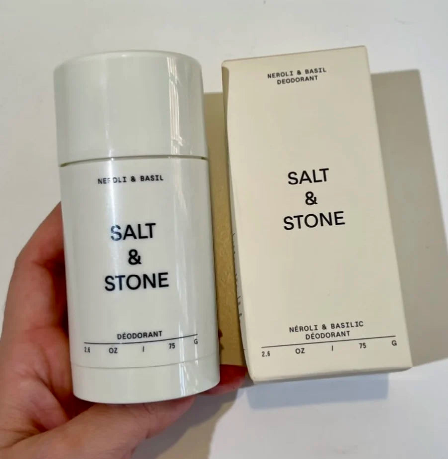 SALT & STONE unisex natural plant deodorant stick in Black Rose, Oud, Neroli, and Basil for effective odor control.
