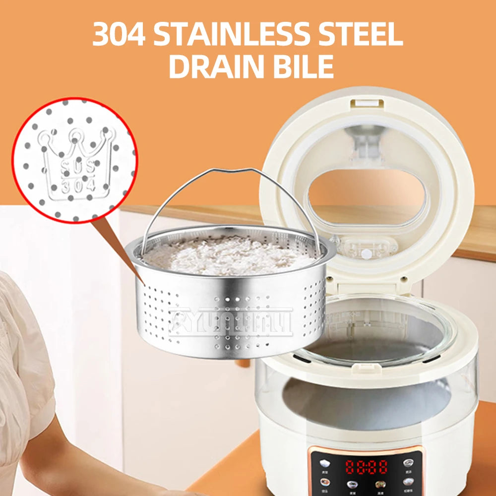 Open visual glass rice cooker showing perforated stainless inner pot and drain opening