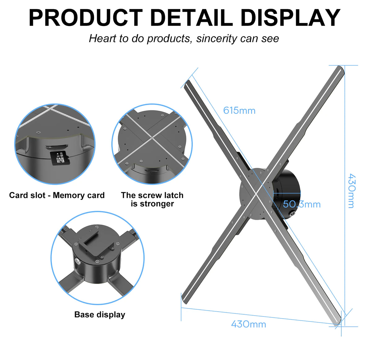 62cm holographic fan sign diagram showing base display and overall dimensions
