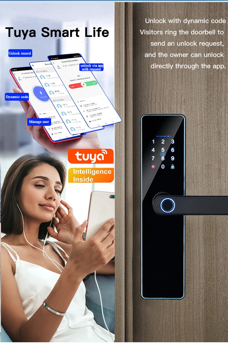 2026 New WiFi Tuya APP Smart Door Lock Remote Unlocking Digital Electronic Smart Home Wooden Door Lock Fingerprint Sound Quiet