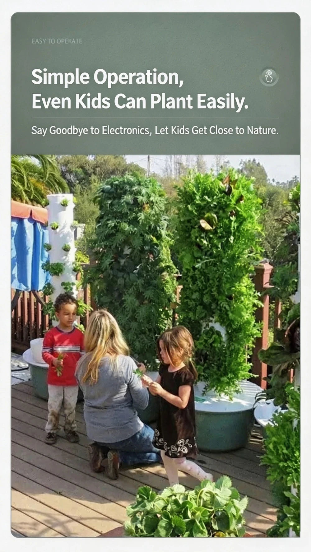 Family using a vertical hydroponic tower garden with leafy greens outdoors