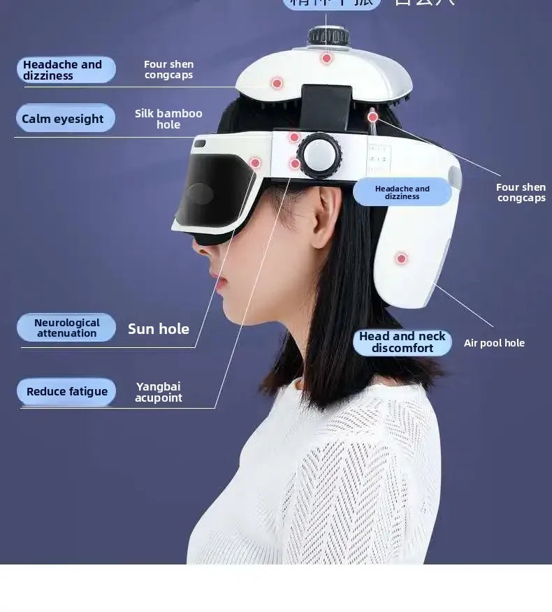 White integrated head and eye massager helmet with scalp and neck massage features for home health and stress relief.
