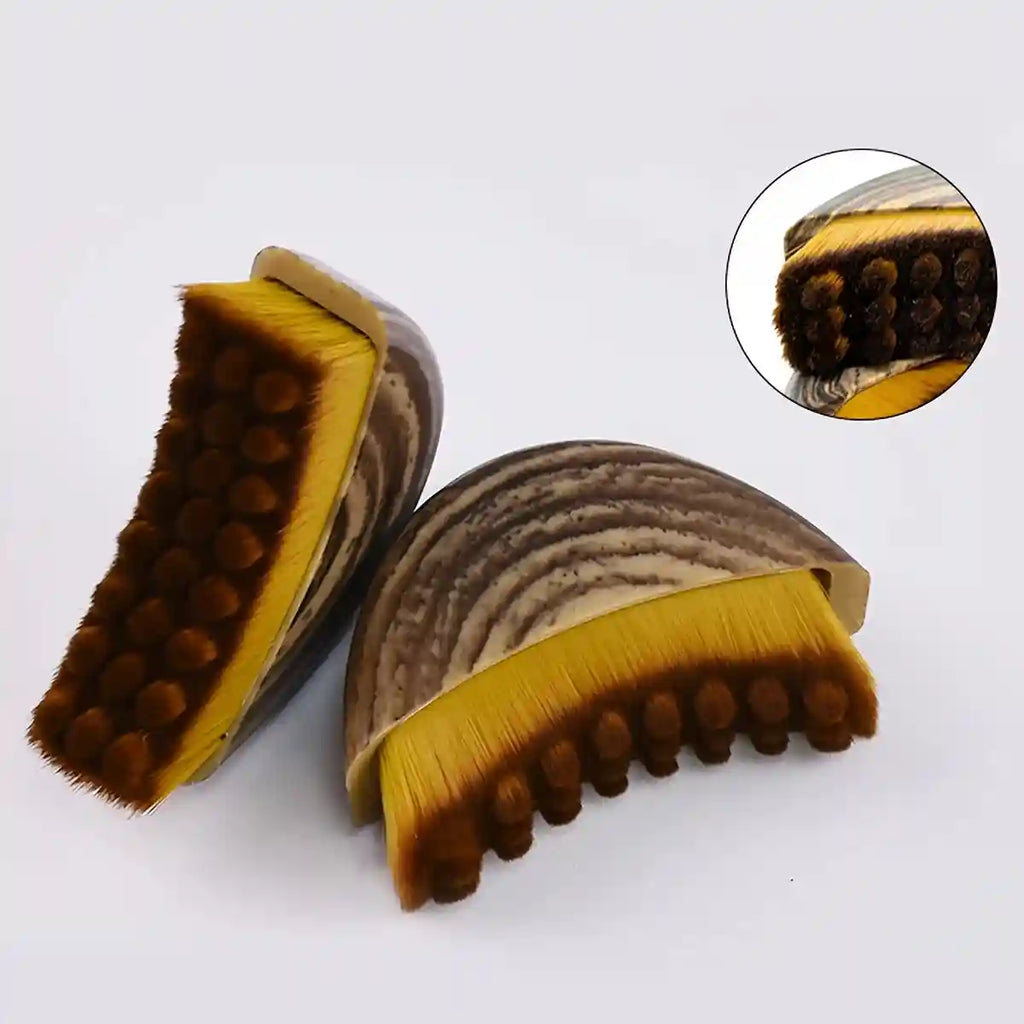 Two half-moon facial sculpting brushes with wood-pattern handles and dual-textured, ombre brown nylon bristles.