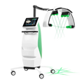 Standing LLLT fat burning machine with green laser diodes, touchscreen display, and rolling base for weight loss.