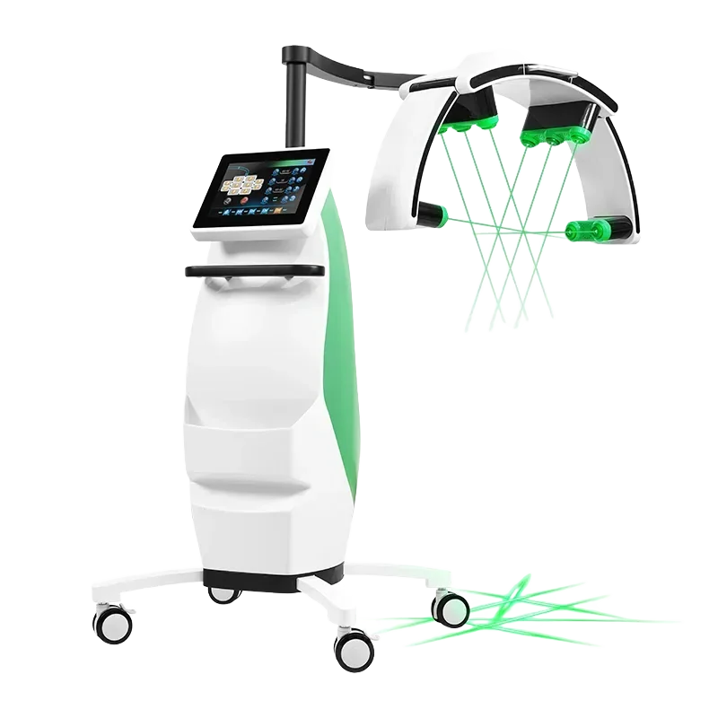 Standing LLLT fat burning machine with green laser diodes, touchscreen display, and rolling base for weight loss.