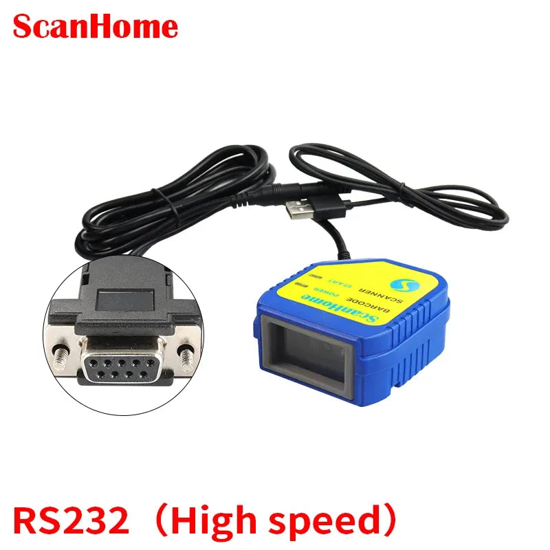 Blue barcode scanner module with LCD window and serial connector wiring cable