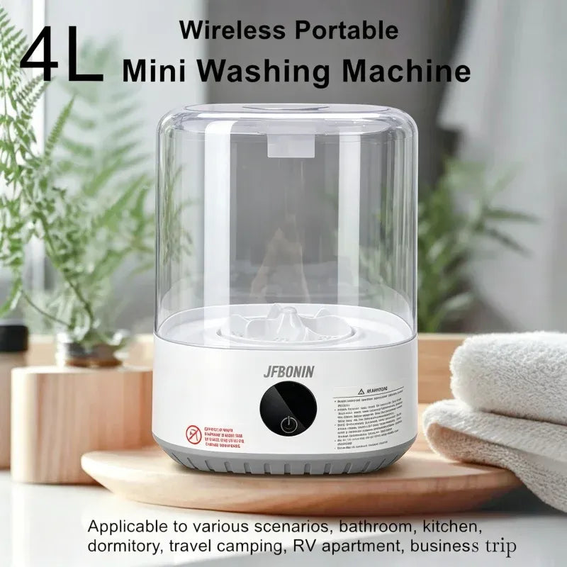 JFBONIN 4L wireless portable mini washing machine in white and clear plastic for travel, dorms, and small spaces.