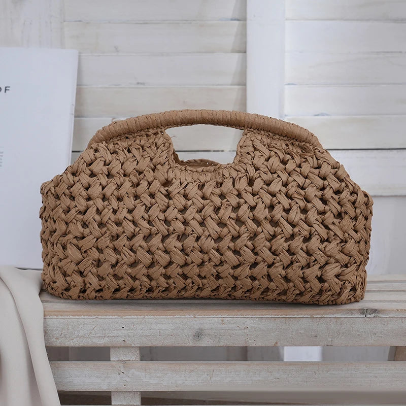 Women's Brand Fashion Clip Handbag, Bohemian Style Large Capacity Travel Woven Bag Popular Elegant Raffia Handmade Crossbody Bag