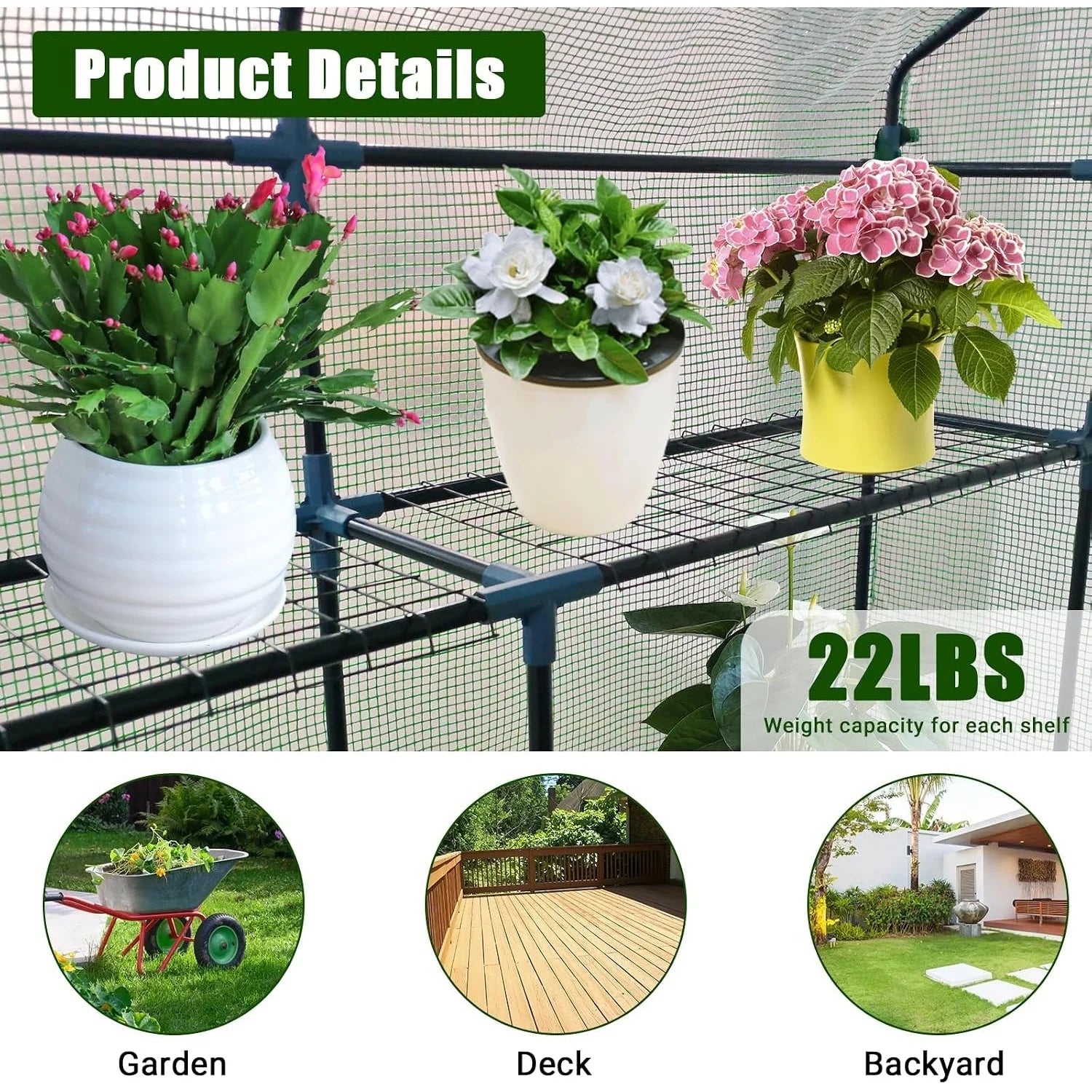 Walk-in Greenhouse for Outdoors,  Green Plant Greenhouse with 8 Shelves, Steel Frame, PE Cover, Roll-Up Zipper Door