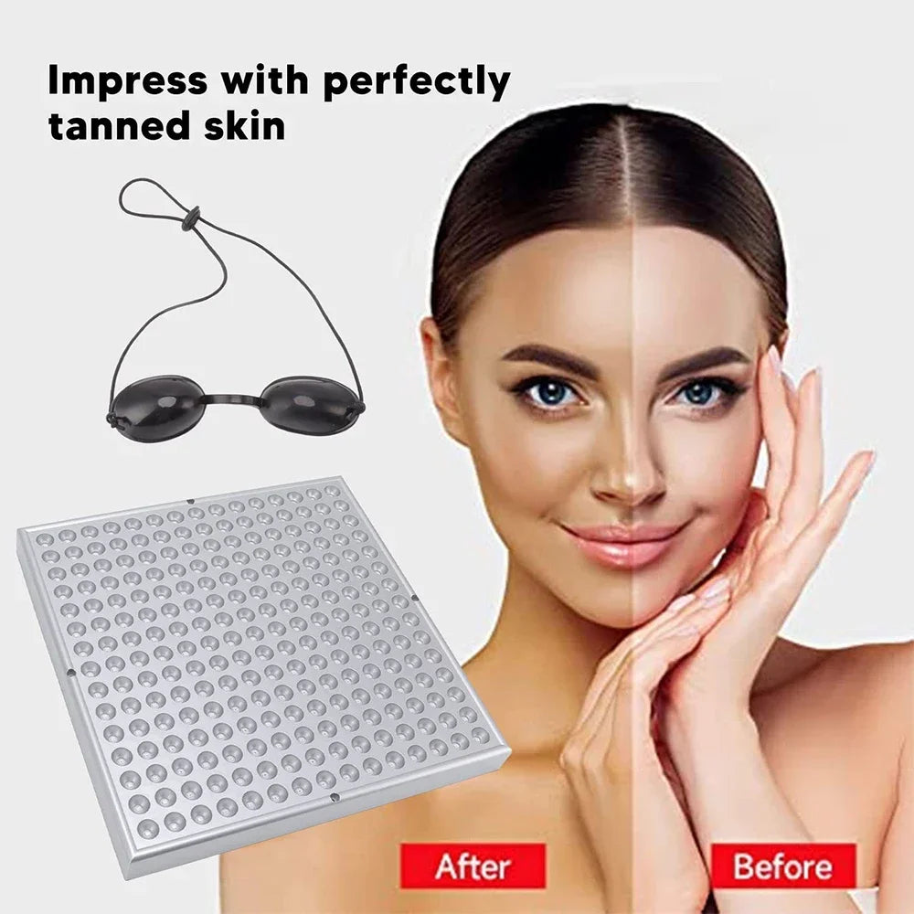 UV solarium tanning lamp with 225 purple LED lights, protective goggles, and a face showing tan results for skin care.