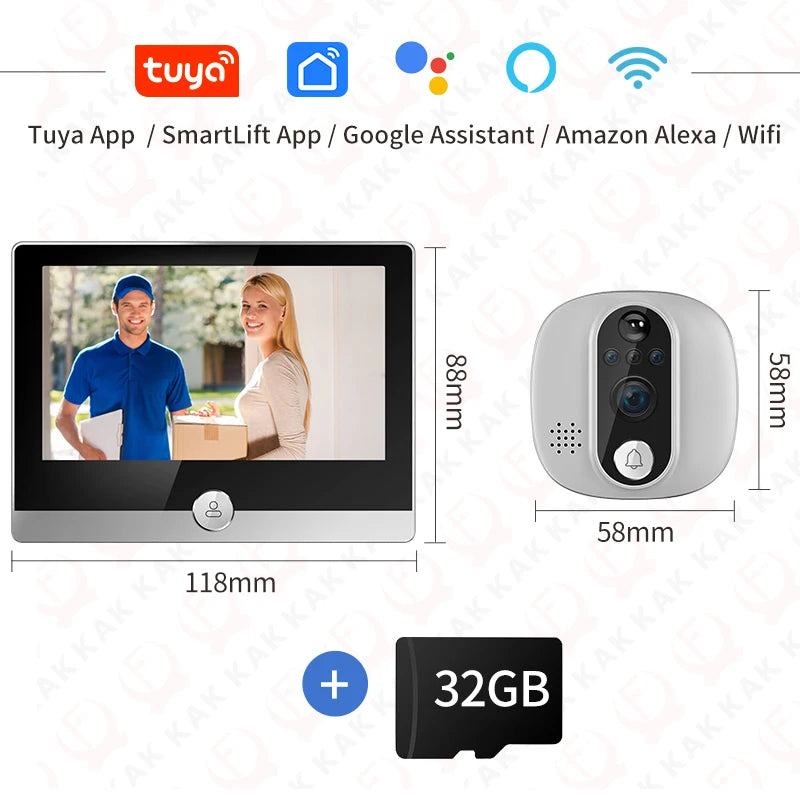 WiFi video door peephole camera kit with indoor display, exterior camera, and 32GB storage